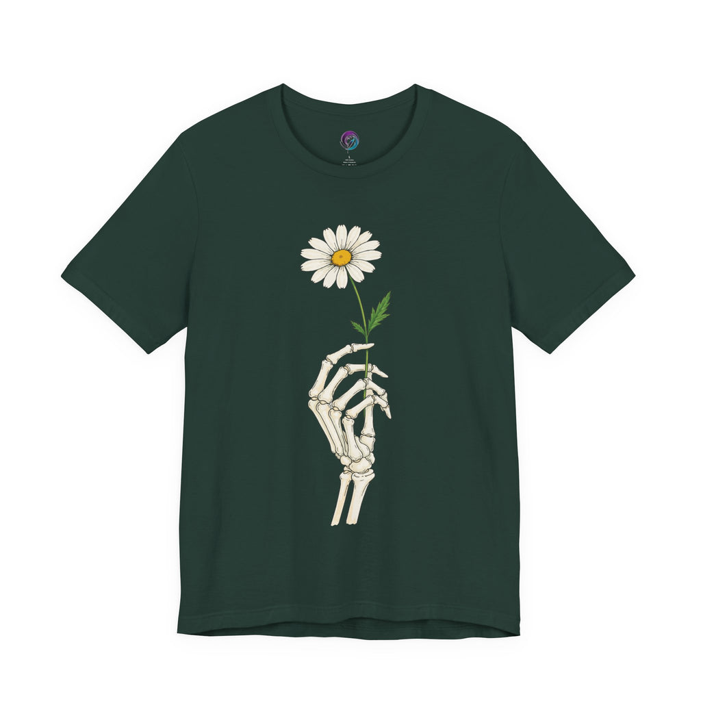 Skeleton Hand Daisy T‑Shirt — Gothic Floral Tee for Casual & Festival Wear