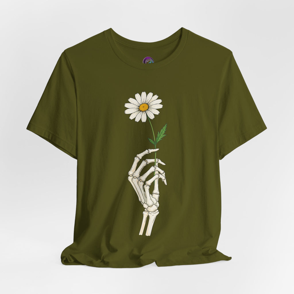 Skeleton Hand Daisy T‑Shirt — Gothic Floral Tee for Casual & Festival Wear