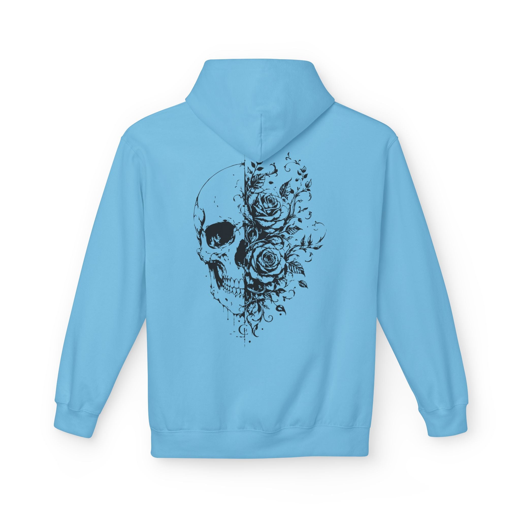 Skull & Roses Hoodie — Floral Half-Skull Graphic Pullover