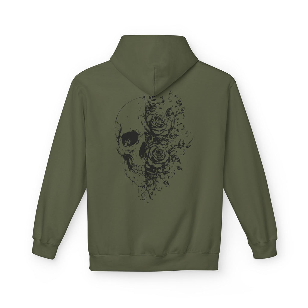 Skull & Roses Hoodie — Floral Half-Skull Graphic Pullover
