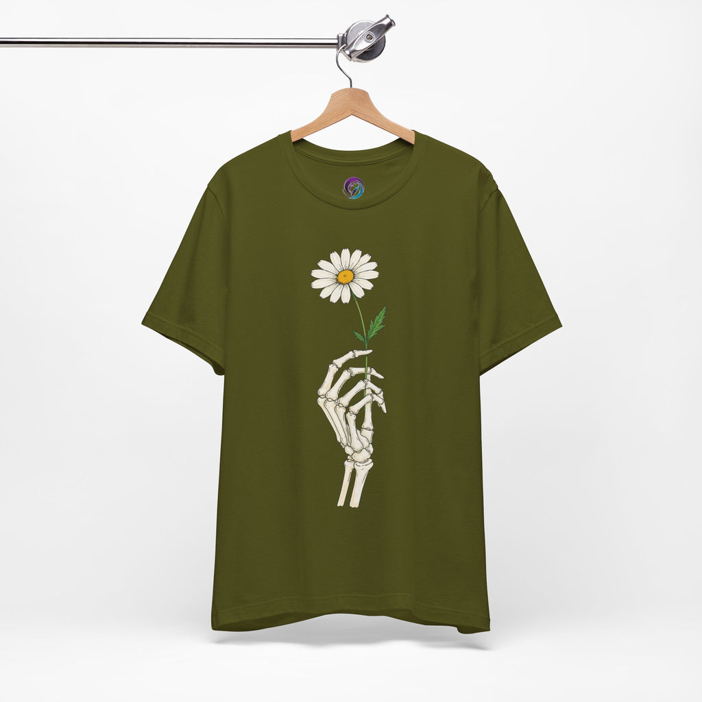 Skeleton Hand Daisy T‑Shirt — Gothic Floral Tee for Casual & Festival Wear
