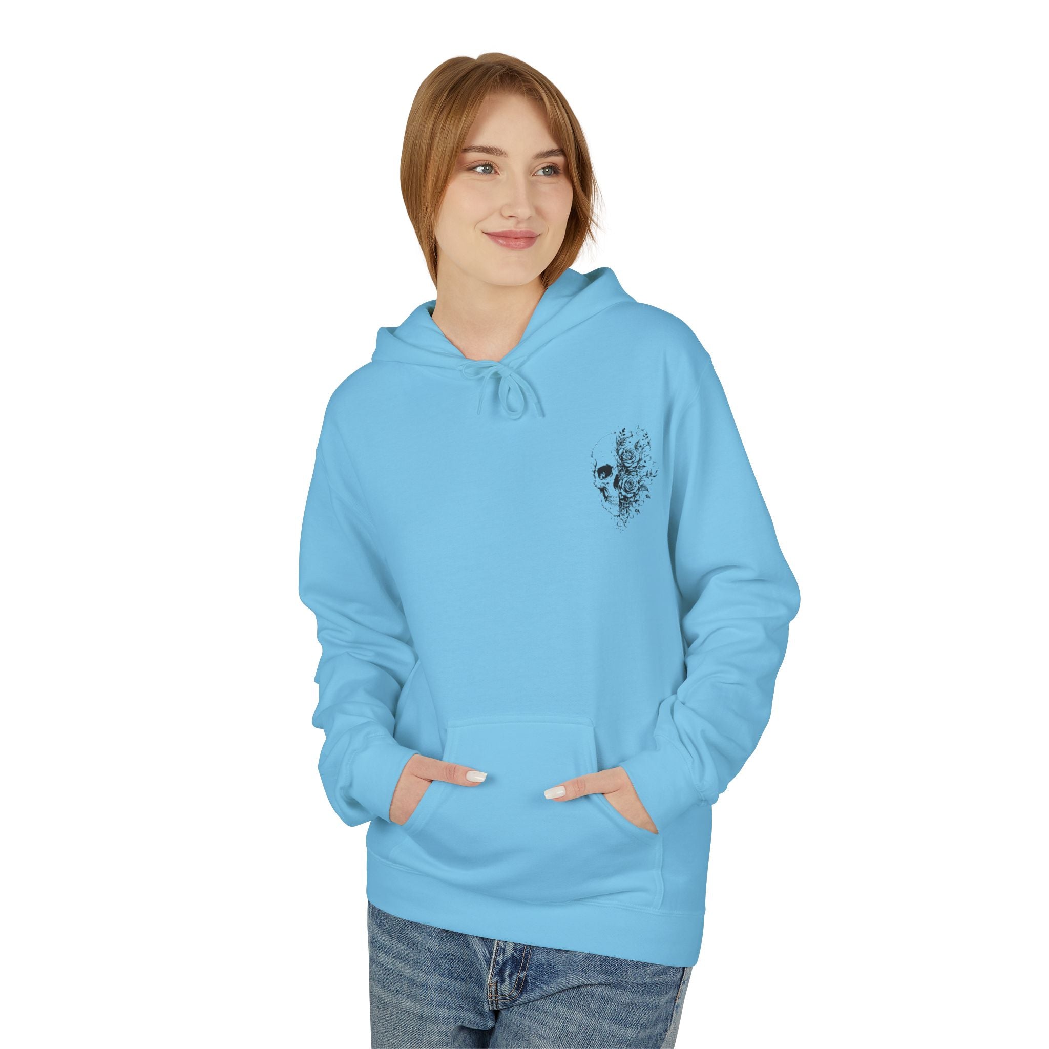 Skull & Roses Hoodie — Floral Half-Skull Graphic Pullover