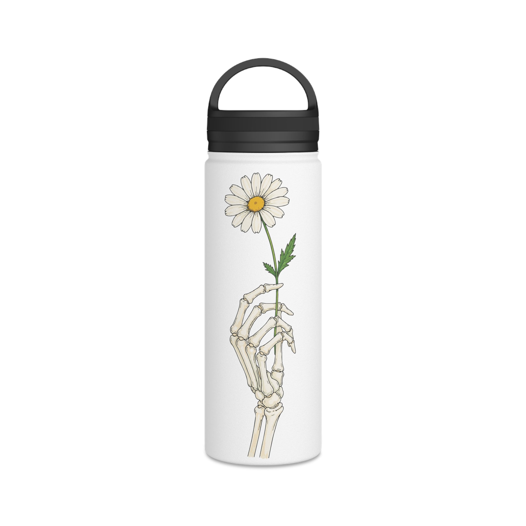 Skeleton Hand with Daisy Stainless Steel Water Bottle — Floral Goth Insulated Bottle with Handle Lid