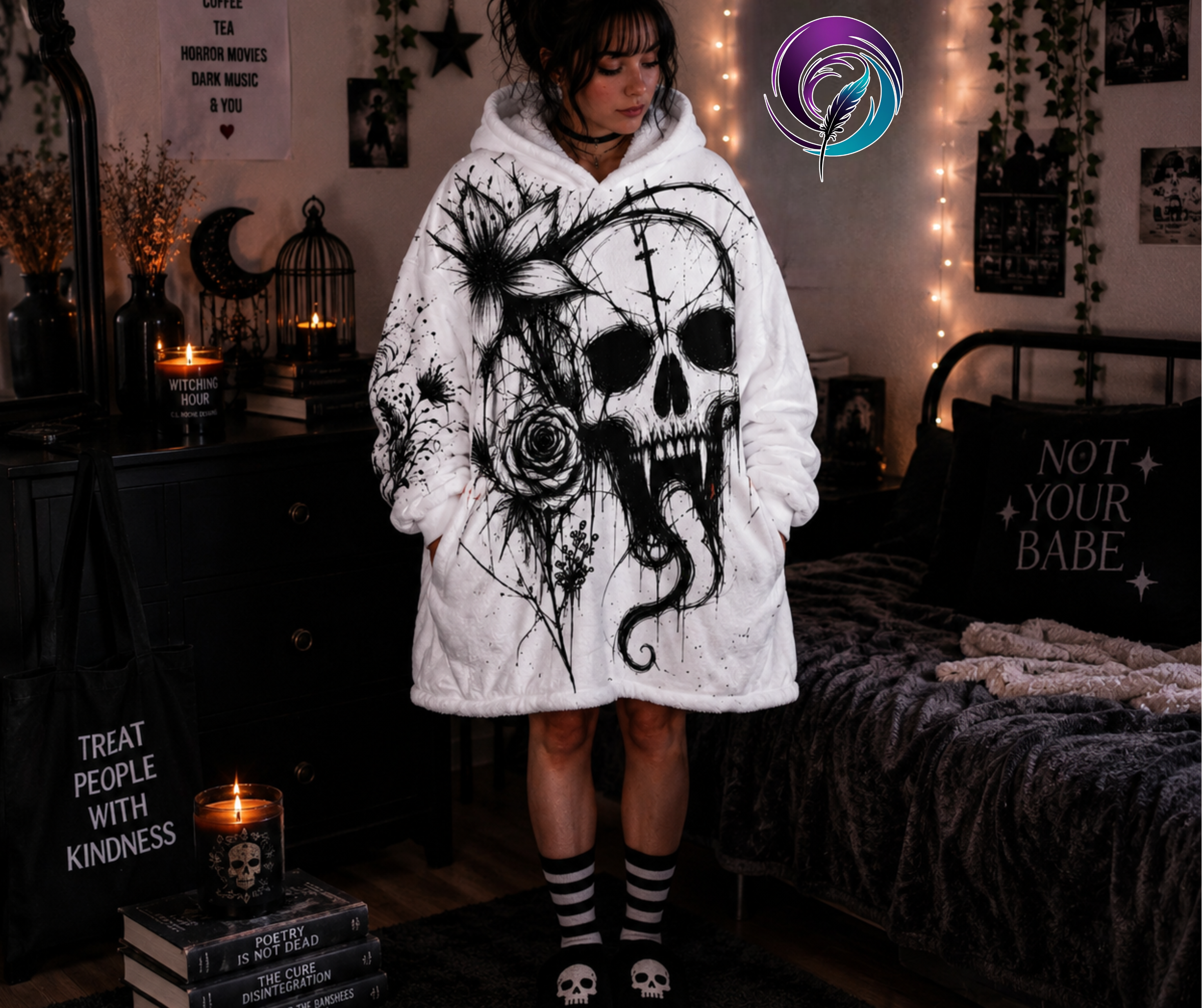 Skull & Floral Hooded Blanket — Gothic Skull Floral blanket hoodie