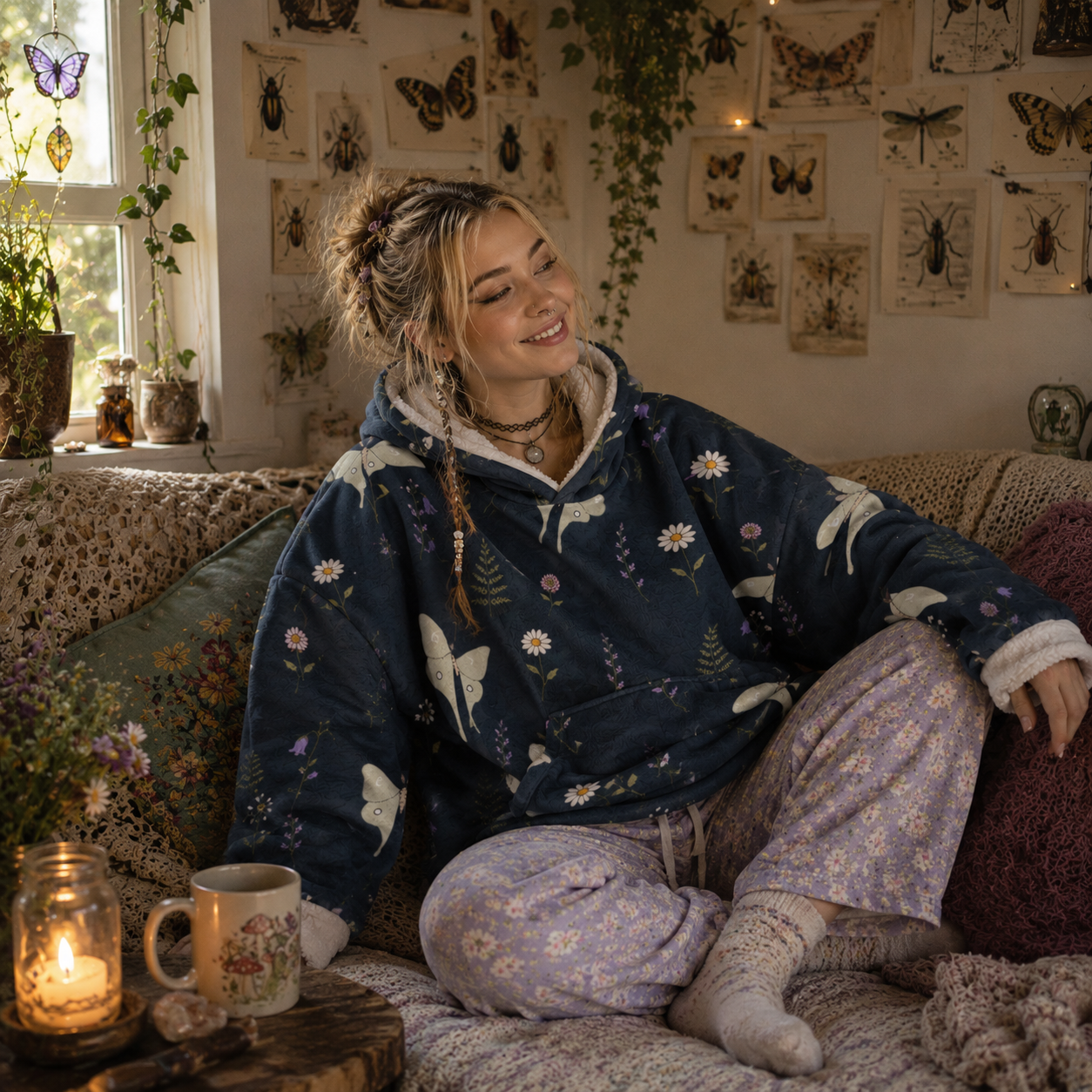 Hooded Blanket — Night Moth Floral Sherpa Hoodie Blanket