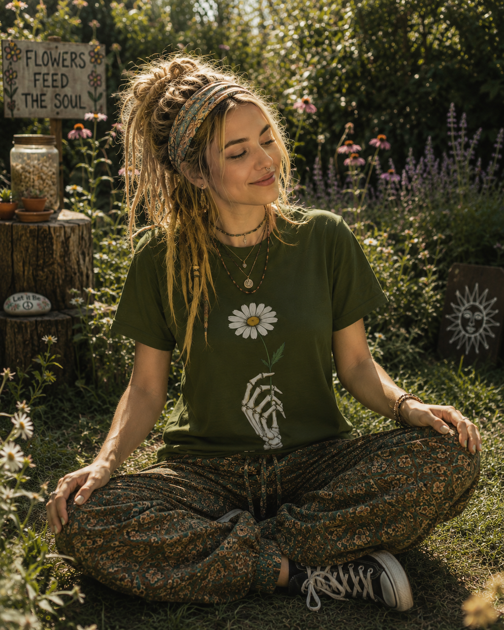Skeleton Hand Daisy T‑Shirt — Gothic Floral Tee for Casual & Festival Wear