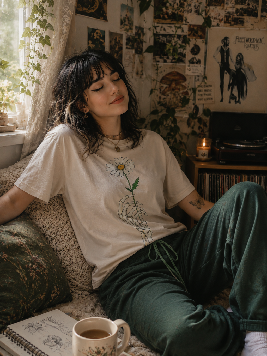 Skeleton Hand Daisy T‑Shirt — Gothic Floral Tee for Casual & Festival Wear
