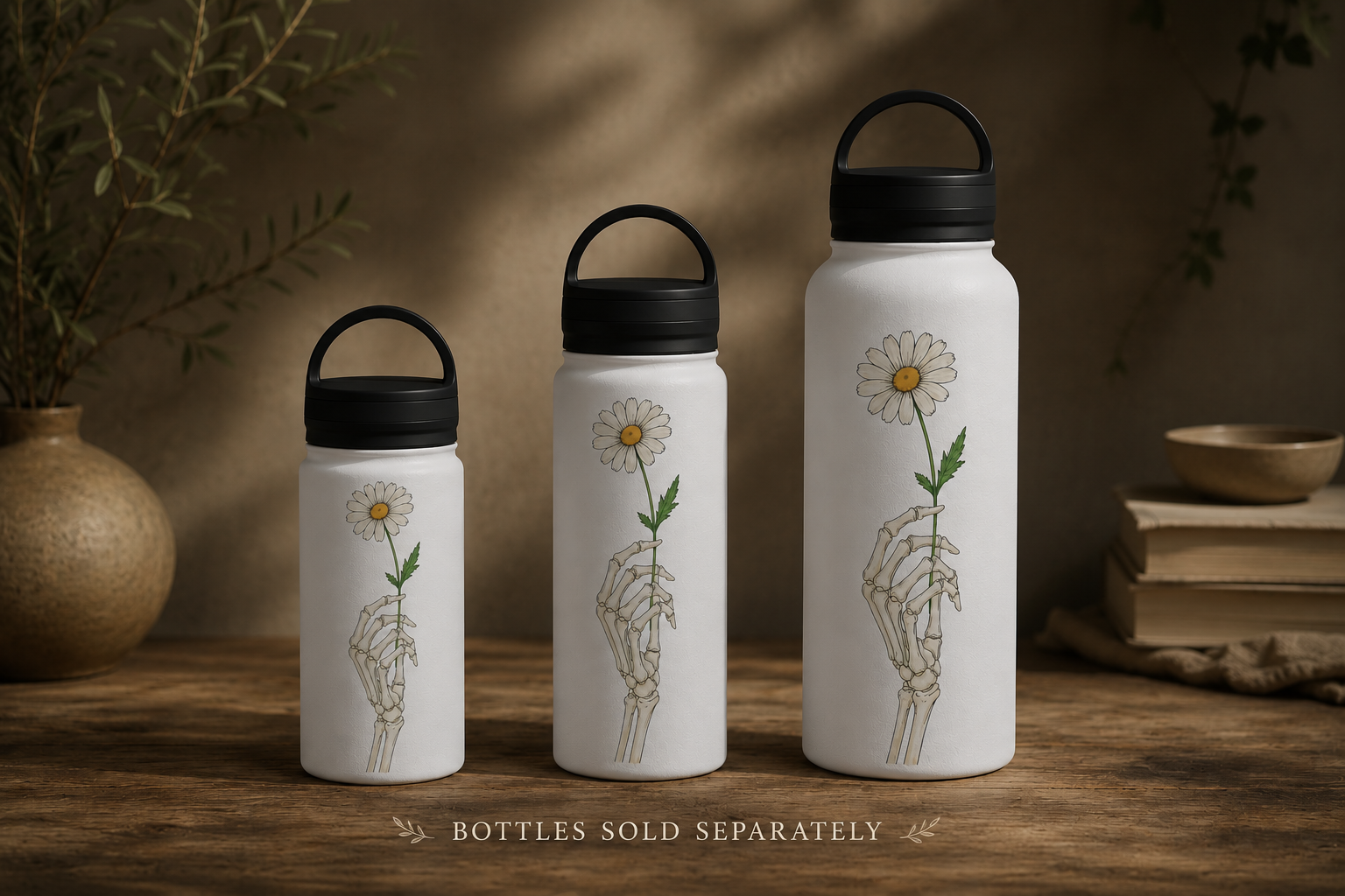 Skeleton Hand with Daisy Stainless Steel Water Bottle — Floral Goth Insulated Bottle with Handle Lid