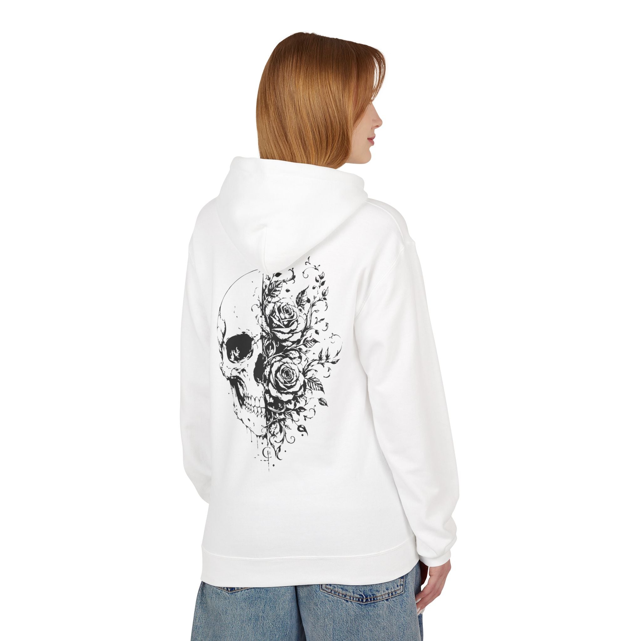 Skull & Roses Hoodie — Floral Half-Skull Graphic Pullover