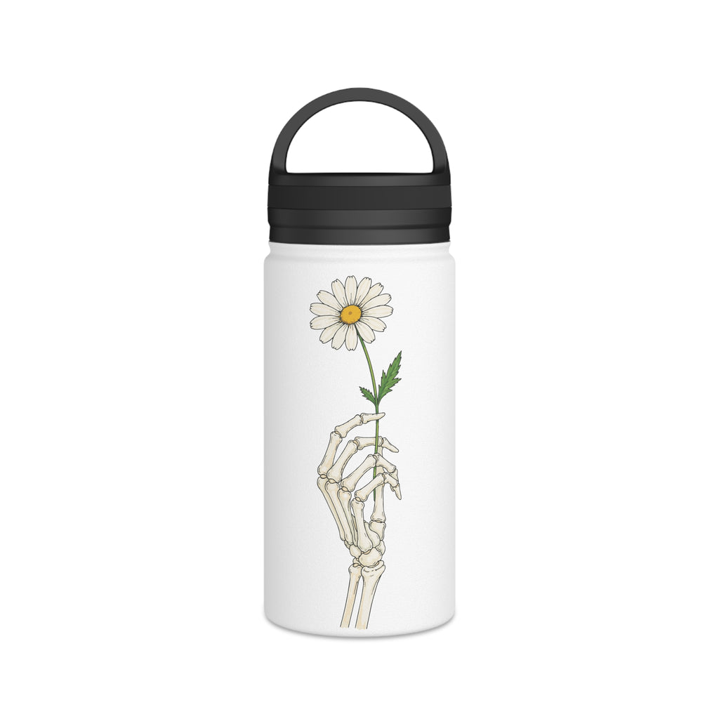 Skeleton Hand with Daisy Stainless Steel Water Bottle — Floral Goth Insulated Bottle with Handle Lid