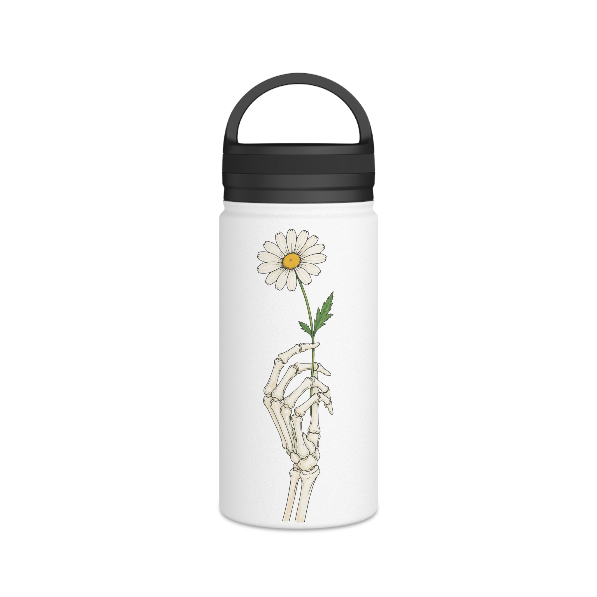 Skeleton Hand with Daisy Stainless Steel Water Bottle — Floral Goth Insulated Bottle with Handle Lid