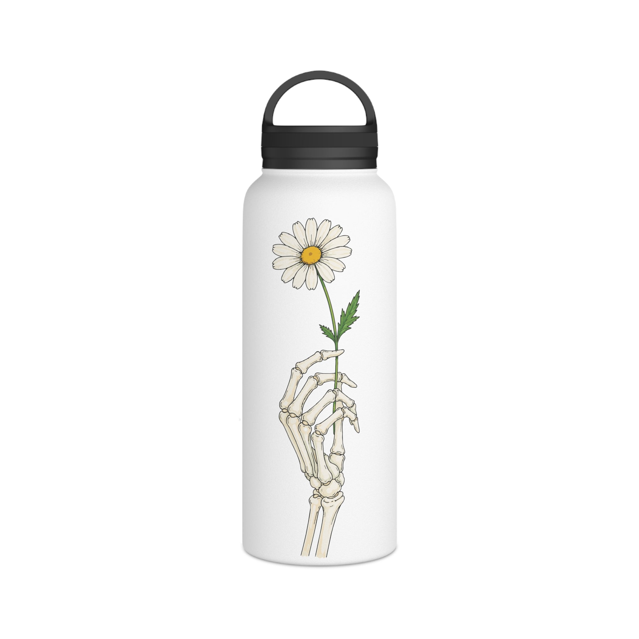 Skeleton Hand with Daisy Stainless Steel Water Bottle — Floral Goth Insulated Bottle with Handle Lid