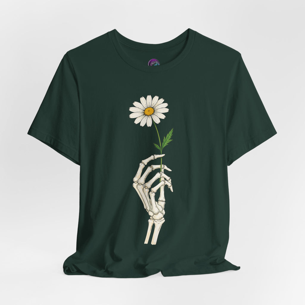 Skeleton Hand Daisy T‑Shirt — Gothic Floral Tee for Casual & Festival Wear