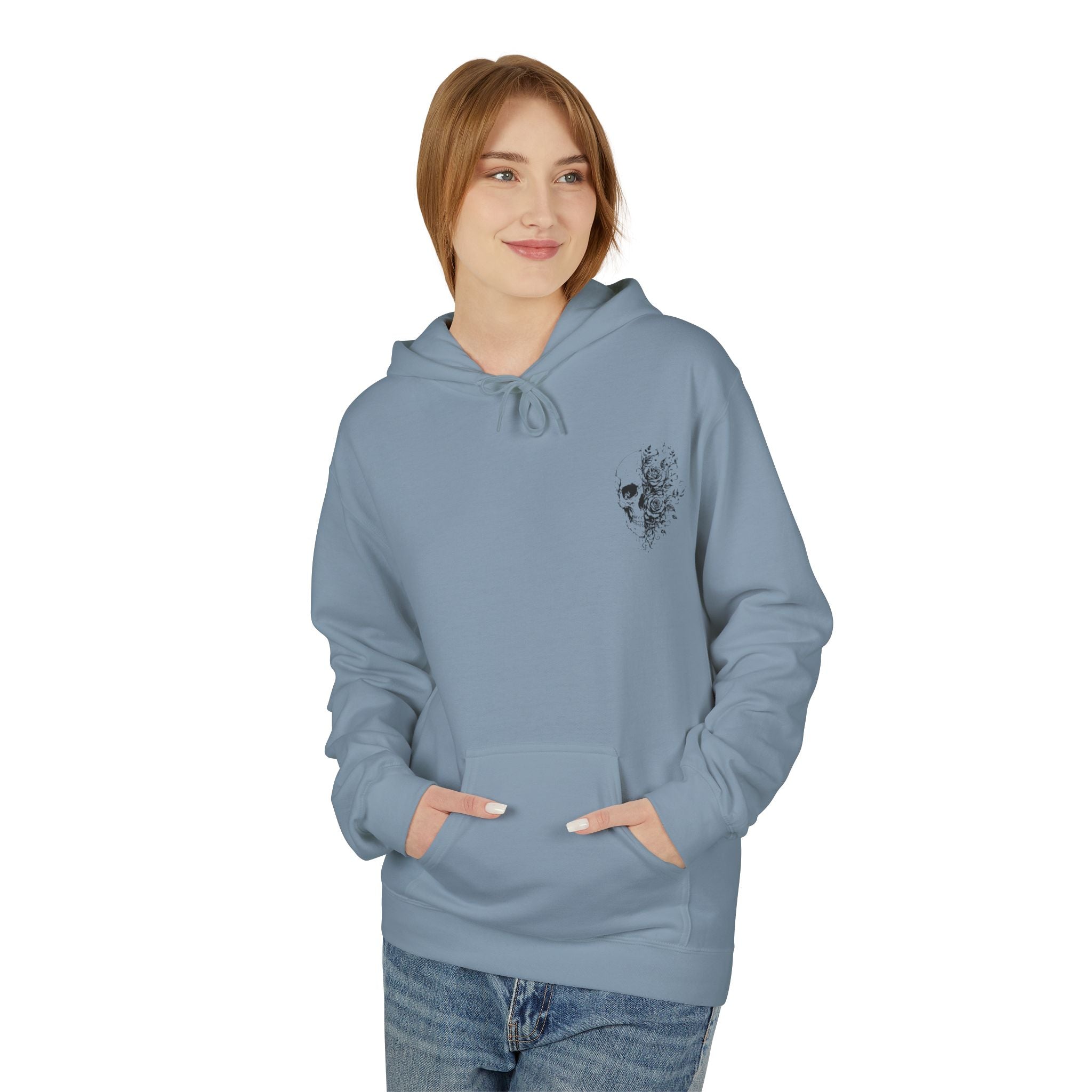Skull & Roses Hoodie — Floral Half-Skull Graphic Pullover