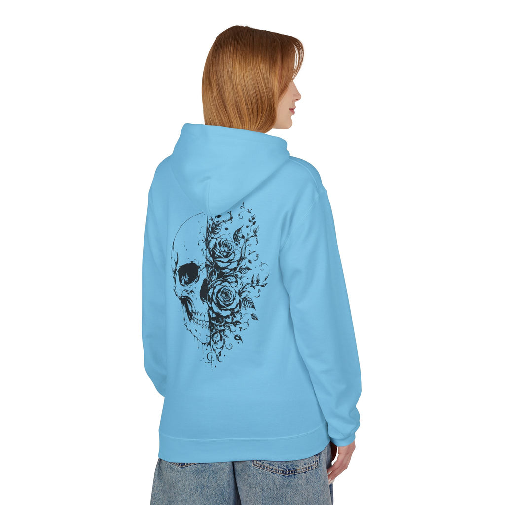 Skull & Roses Hoodie — Floral Half-Skull Graphic Pullover