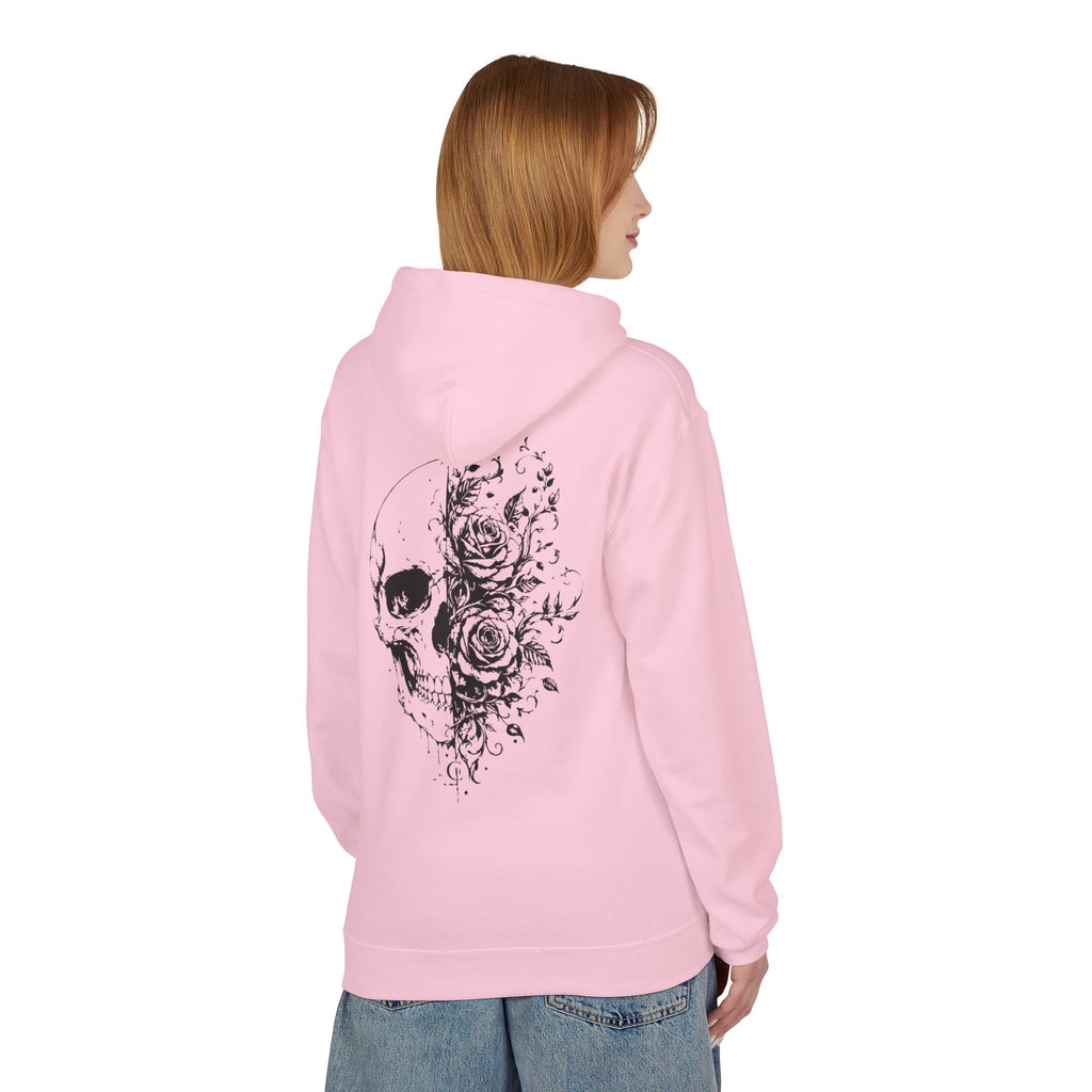Skull & Roses Hoodie — Floral Half-Skull Graphic Pullover