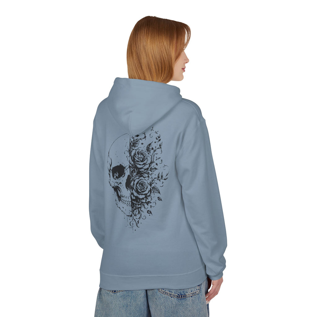 Skull & Roses Hoodie — Floral Half-Skull Graphic Pullover