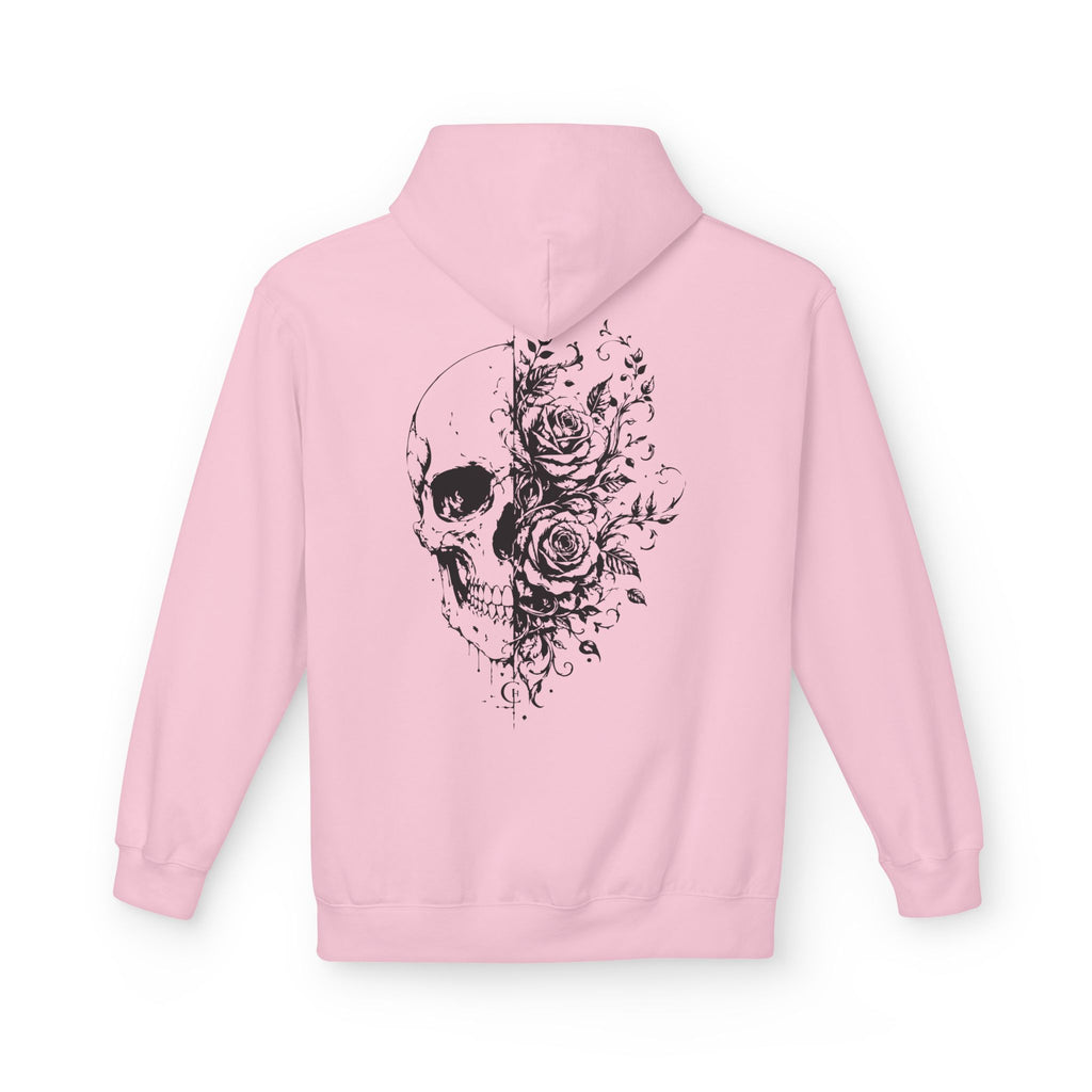 Skull & Roses Hoodie — Floral Half-Skull Graphic Pullover