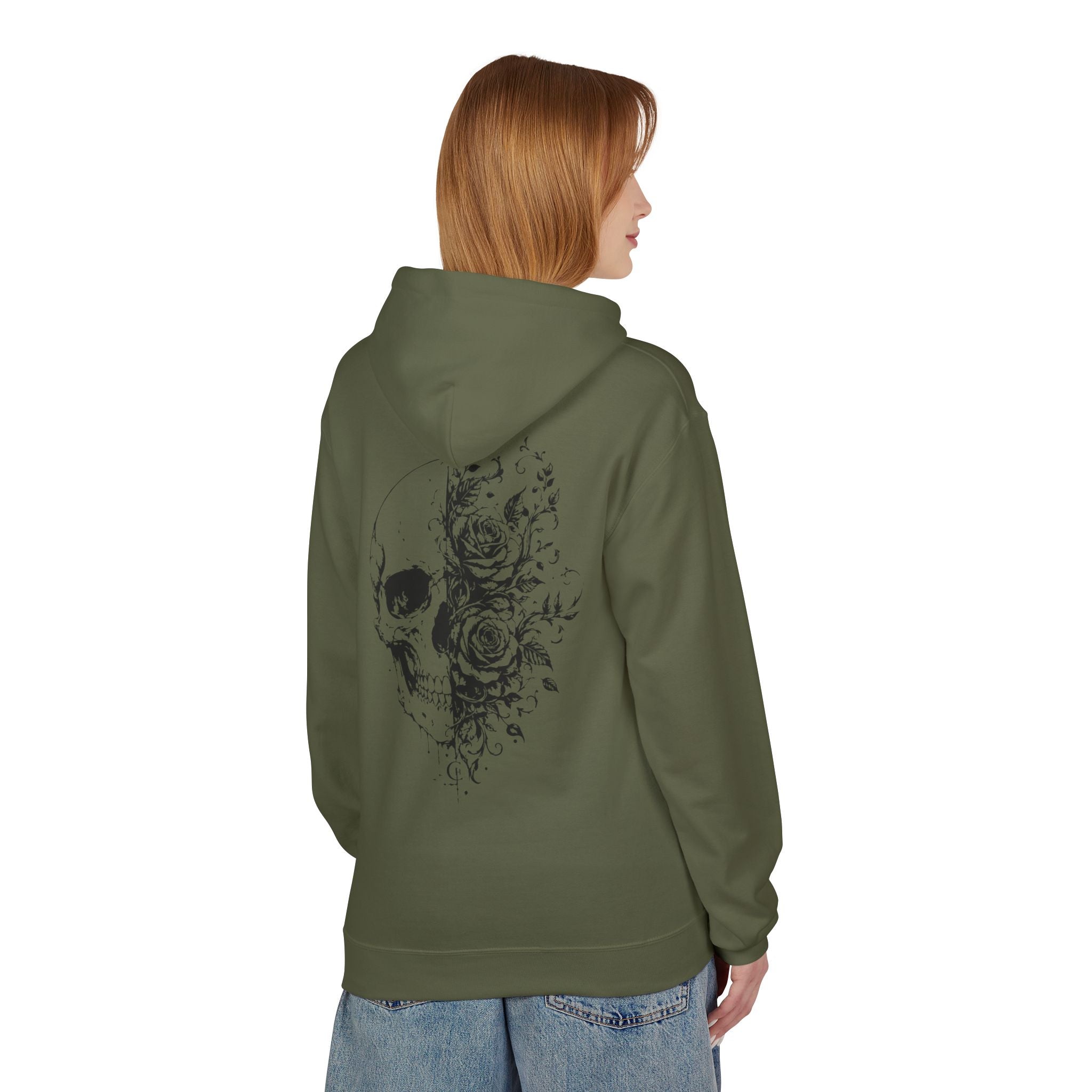 Skull & Roses Hoodie — Floral Half-Skull Graphic Pullover