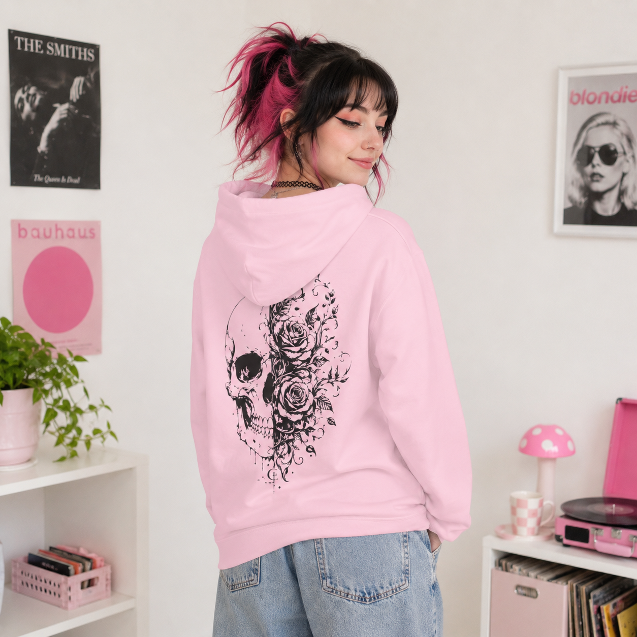 Skull & Roses Hoodie — Floral Half-Skull Graphic Pullover